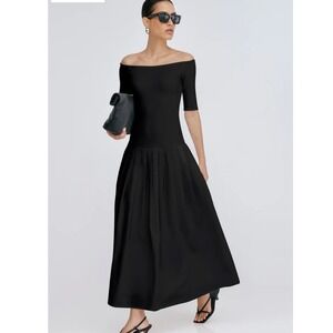 Marcella Mila Dress Classic Black Fit & Flare Pleated Midi Off Shoulder, Small